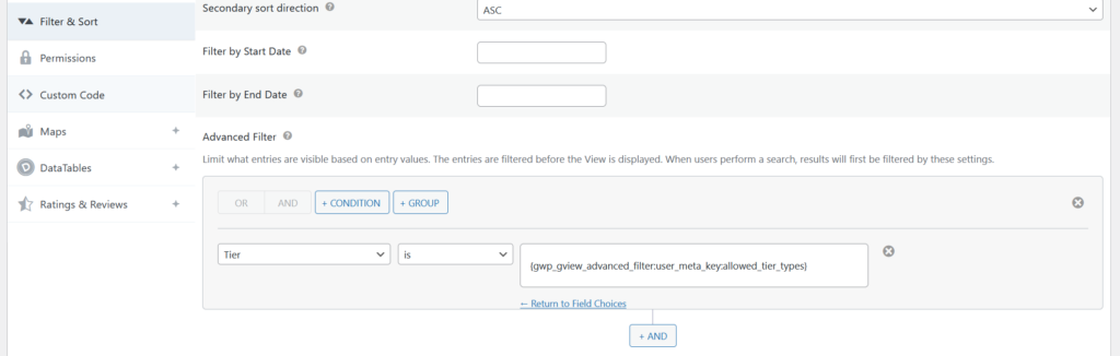 Screenshot of the Advanced Filter settings using the {gwp_gview_advanced_filter:user_meta_key:your_meta_key} merge tag to create OR filters based on the current user's user_meta value.