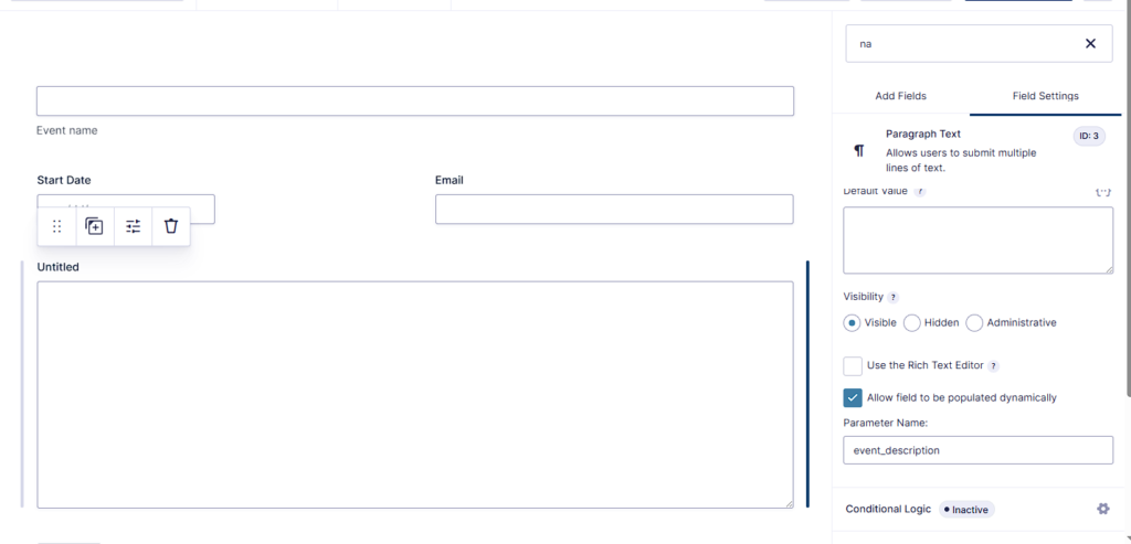 Gravity Forms field settings with dynamic population enabled and event_description parameter name
