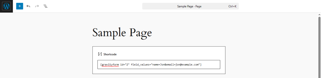 WordPress shortcode block showing embedded Gravity Form with AJAX and prefilled field_values.