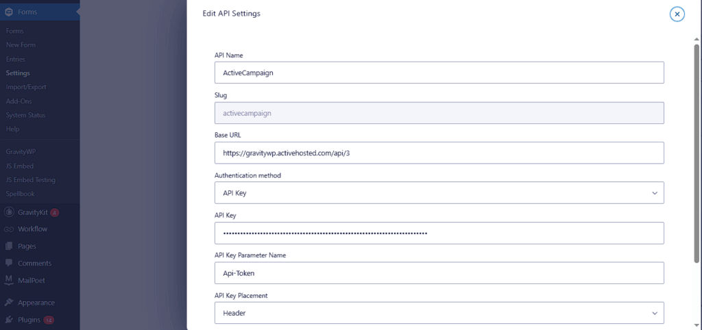 GravityWP API Connector ActiveCampaign connection with Base URL and Api-Token header