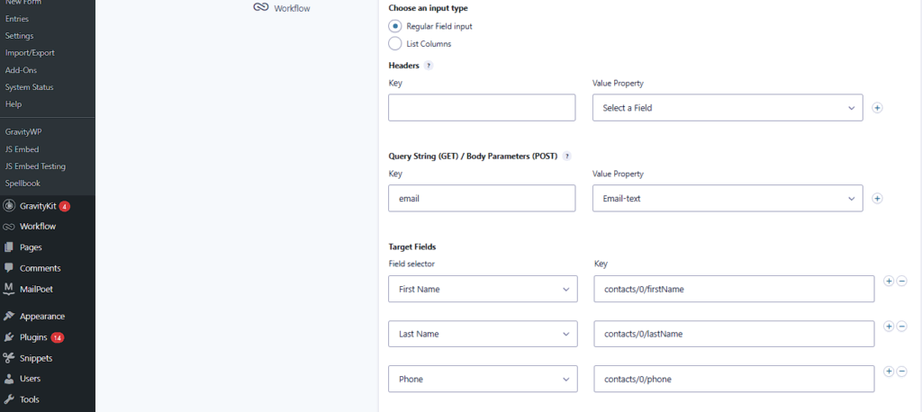 Query string email and mappings to contacts/0/firstName, lastName, phone in API Connector