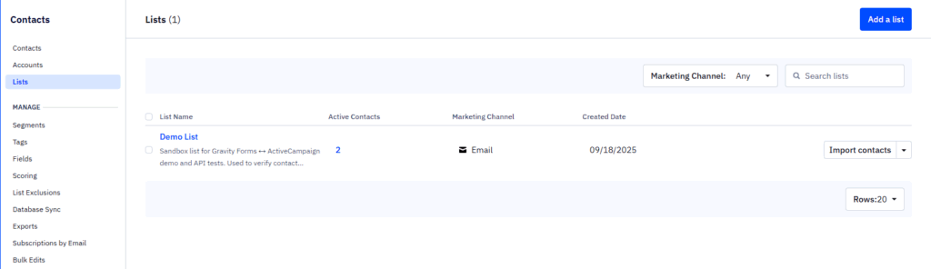 ActiveCampaign Demo List used for Gravity Forms ActiveCampaign integration tests