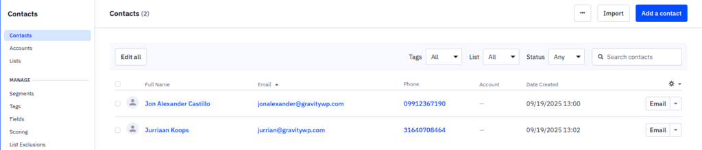 ActiveCampaign Contacts list with demo records for Gravity Forms ActiveCampaign integration