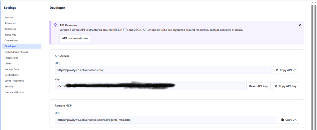 ActiveCampaign Settings → Developer showing API URL and API Key for the integration