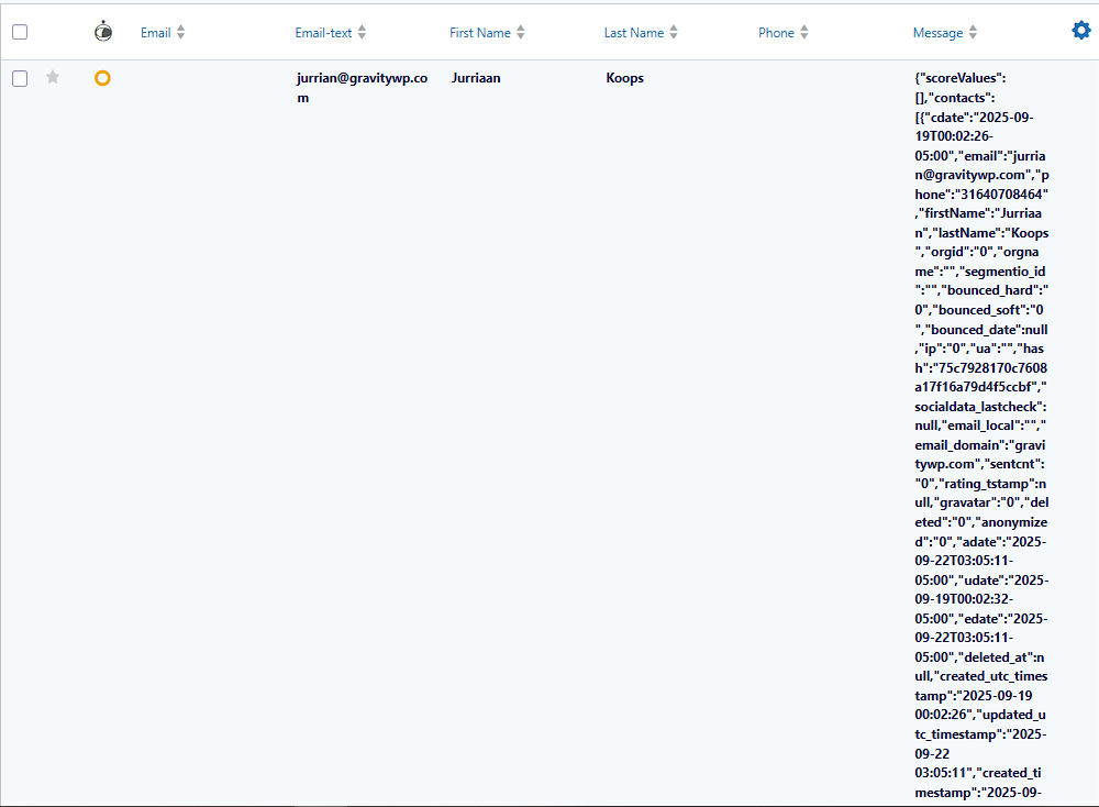 Gravity Forms entries showing auto-populated First Name, Last Name, Phone and stored JSON