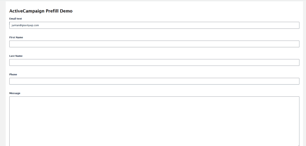 Gravity Forms ActiveCampaign integration test form with Email, First Name, Last Name, Phone, Message fields