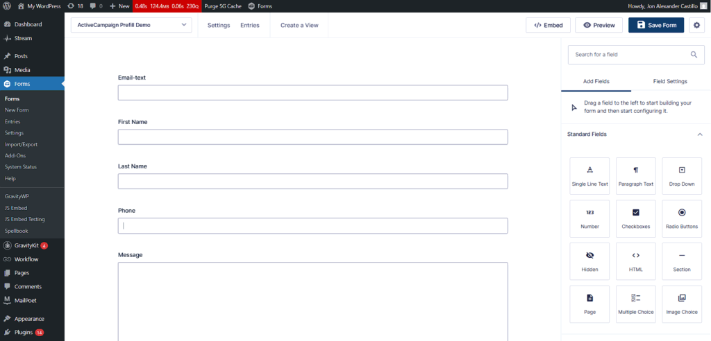 Gravity Forms editor showing Email, First Name, Last Name, Phone, Message for ActiveCampaign prefill