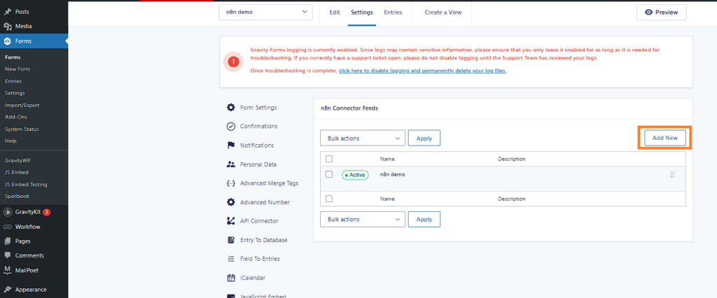 Gravity Forms → Settings → n8n Connector feed list