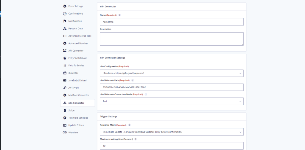 n8n Connector Settings with Name, n8n Configuration, Webhook Path, and Response Mode