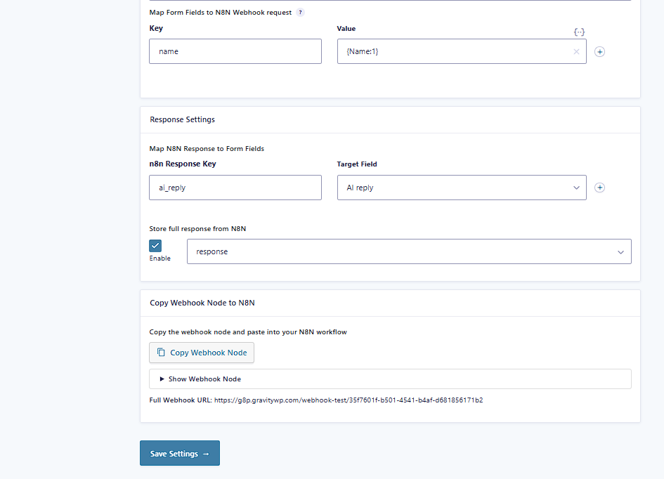 Request/response mapping table with “Store full response” and “Copy Webhook Node” button