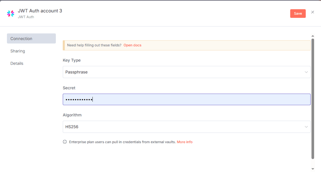 n8n Gravity Forms connection credential setup – JWT Auth form with Passphrase, Secret Token, and HS256 algorithm.