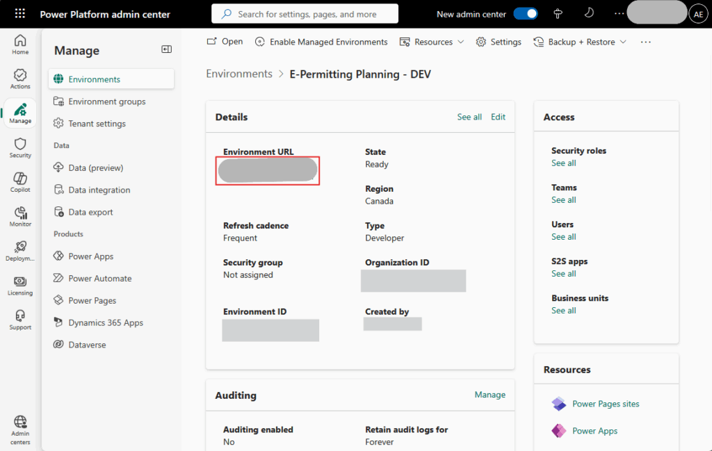 Environment details card showing the Environment URL host.