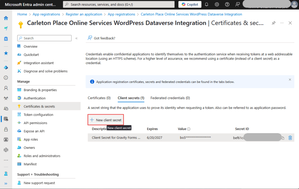 Gravity Forms Dynamics 365 integration – Client secrets list showing secret value to copy.