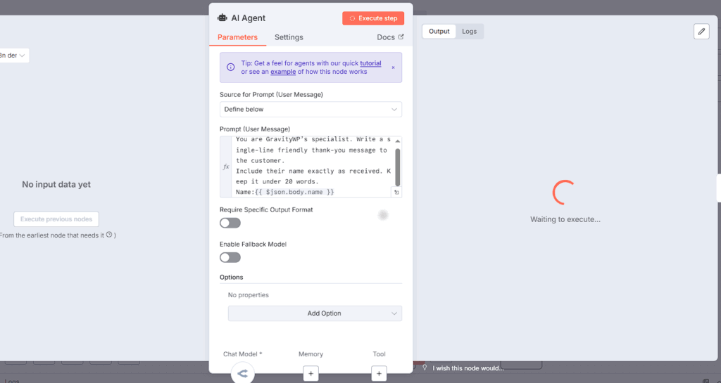 n8n AI Agent node configured with “Define below” prompt using {{ $json.body.name }} and a selected chat model.