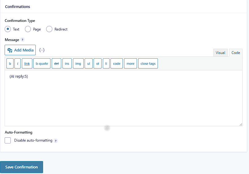 Gravity Forms Confirmation settings with {AI reply:5} merge tag to show the AI response returned.