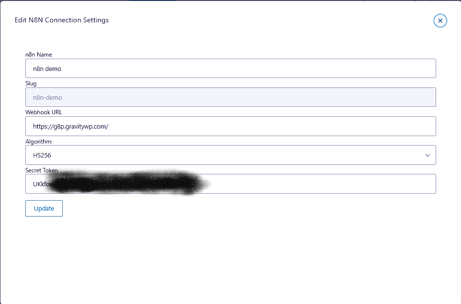 Edit N8N Connection Settings modal showing name, slug, Webhook URL, HS256, and secret.