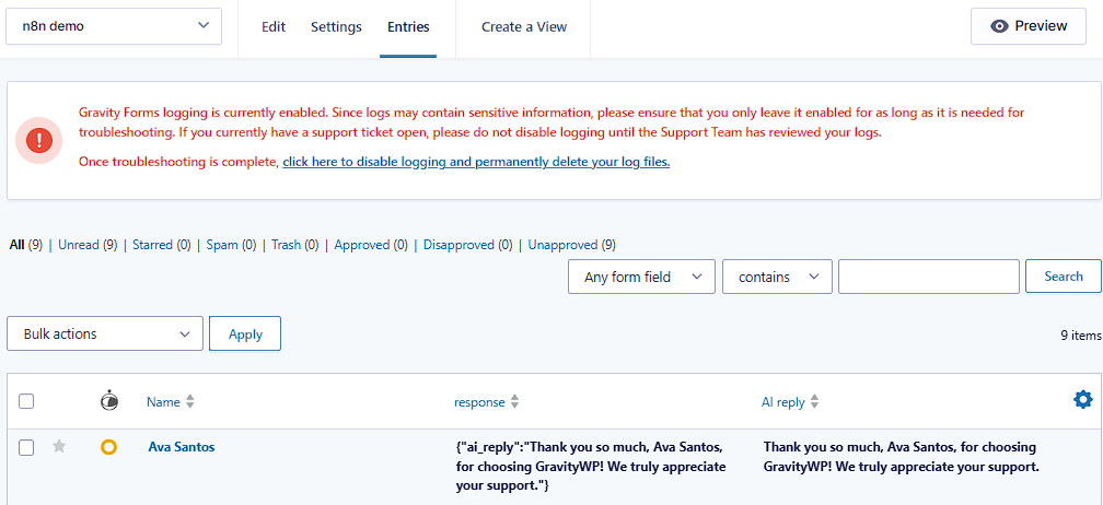 Gravity Forms entries table displaying Response JSON and AI reply text returned by the n8n workflow.