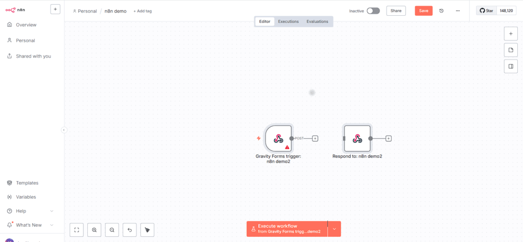 n8n canvas displaying Gravity Forms trigger node linked to Respond to node from connector copy-paste.