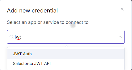 n8n “Add new credential” dialog filtered for jwt with JWT Auth option selected.