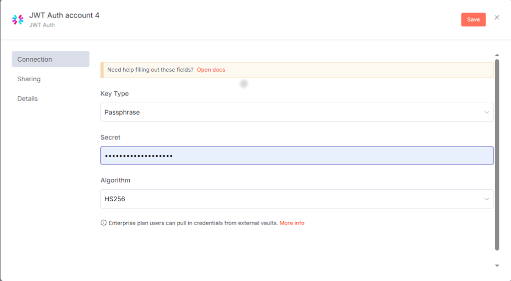 n8n credential editor showing JWT Auth, Key Type Passphrase, Secret, and Algorithm HS256 for Gravity Forms integration.
