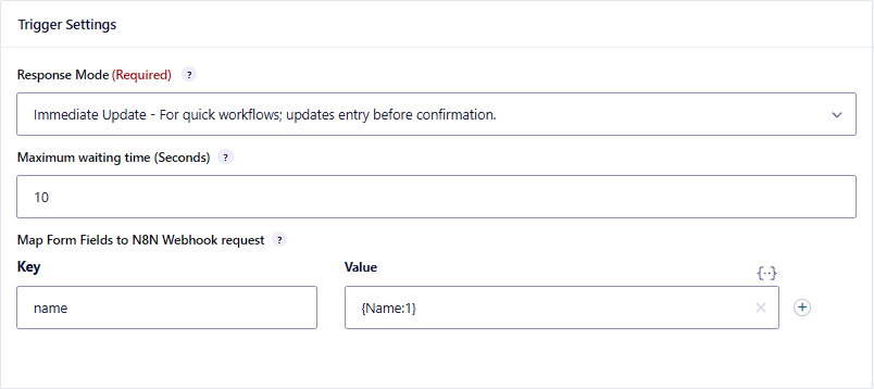 Gravity Forms n8n Connector trigger settings showing Immediate Update and request key name mapped to {Name:1}.