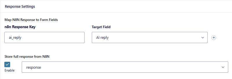 Gravity Forms n8n Connector response mapping ai_reply → AI reply field with “Store full response” set to Response.