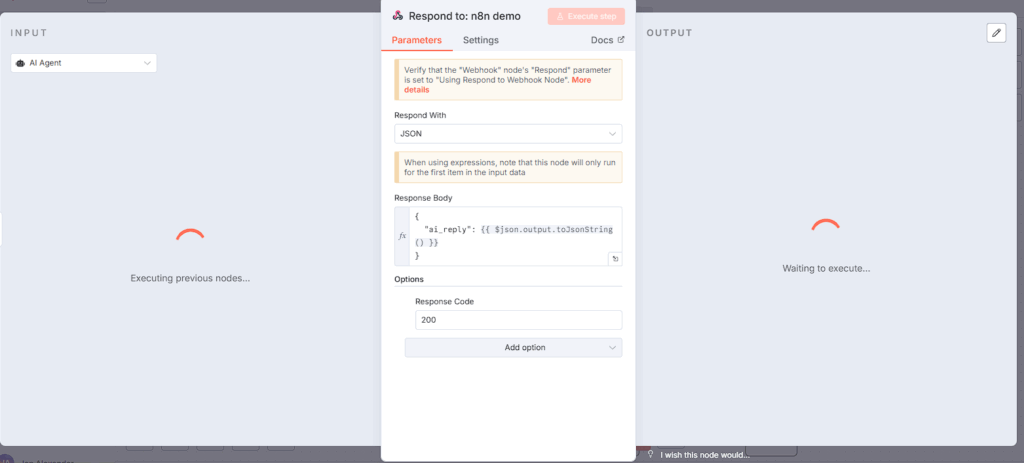 n8n Respond to Webhook node configured to send JSON body mapping AI Agent output to ai_reply.