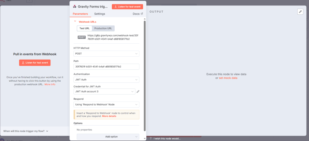 n8n Webhook node Test URL with POST method and JWT Auth credential for the Gravity Forms n8n Connector.