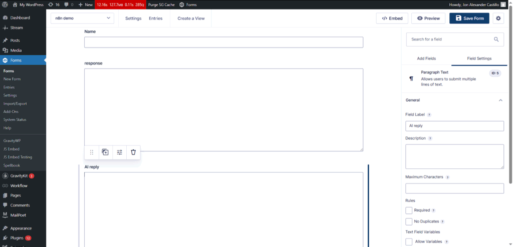 Gravity Forms builder showing Single Line Name and Paragraph fields Response and AI reply.