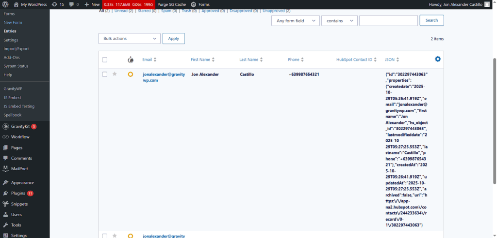 Gravity Forms preview shows First Name, Last Name, and Phone auto-filled from HubSpot.
