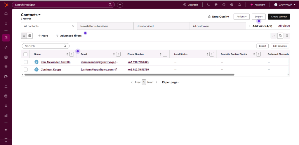 HubSpot contacts list for Gravity Forms HubSpot integration test.