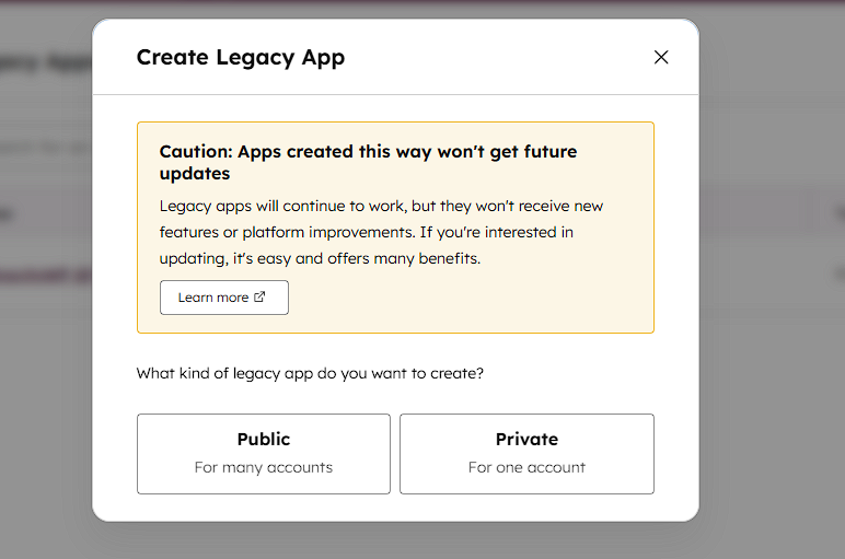 Create Private app modal in HubSpot for Gravity Forms HubSpot integration.