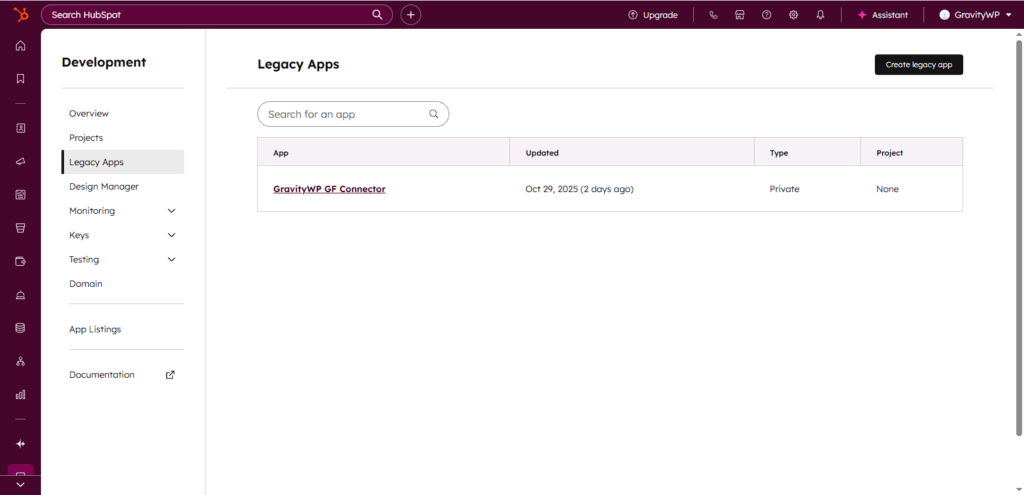 HubSpot Legacy Apps list for Gravity Forms HubSpot integration setup.