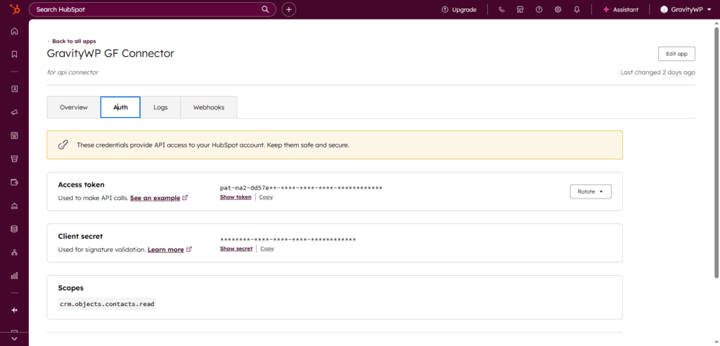 HubSpot Private App access token (token blurred).