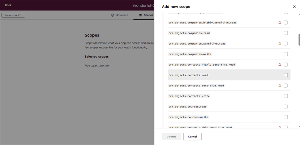 HubSpot scopes enable crm.objects.contacts.read