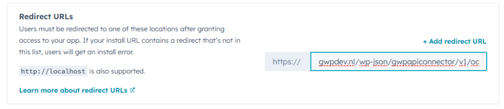 HubSpot app redirect URL setting for OAuth callback used in a Gravity Forms HubSpot integration