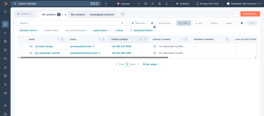 HubSpot contacts list showing test contacts used for Gravity Forms HubSpot integration lookup by email