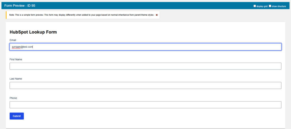 Gravity Forms HubSpot lookup form preview with email field filled before submission