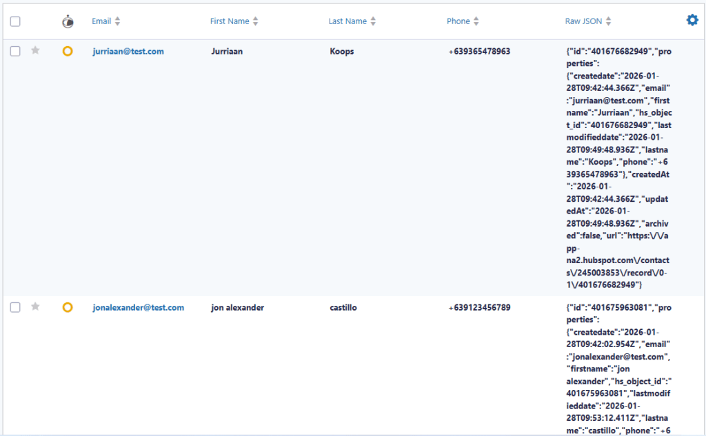 Gravity Forms entries showing HubSpot lookup results and stored Raw JSON response from API Connector