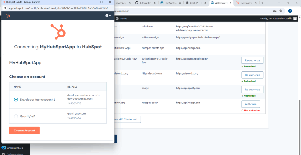 HubSpot OAuth account selection screen while authorizing a Gravity Forms HubSpot integration