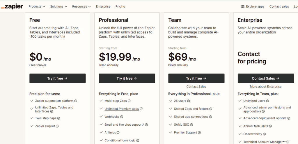 n8n vs Zapier – Zapier pricing page showing task based plans.