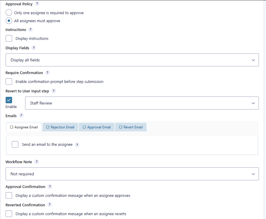 Approval step settings with Revert to User Input enabled for Staff Review