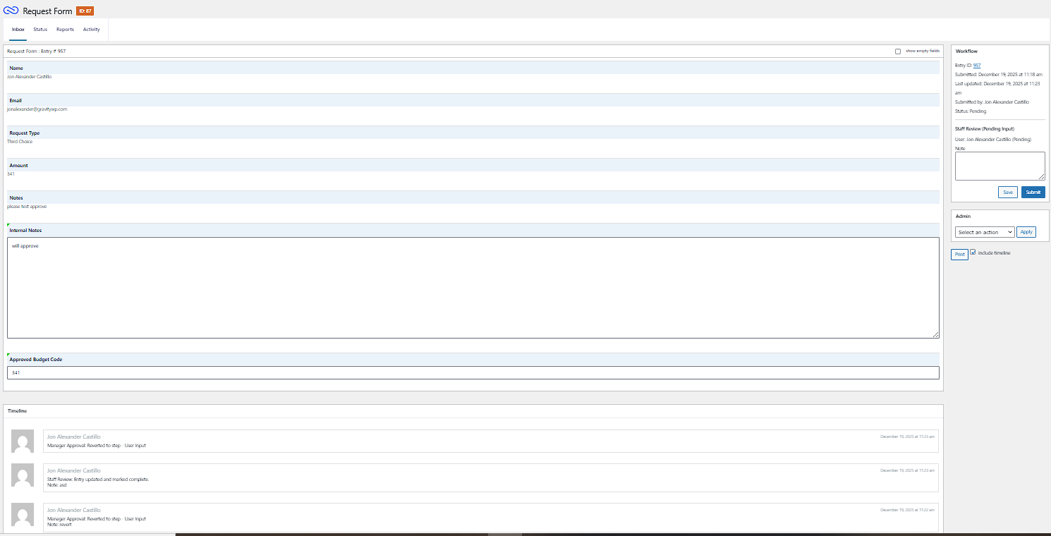 Entry details screen with workflow panel, step status, and timeline history