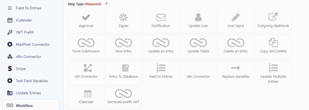 Gravity Flow step types including Form Connector steps like Create an Entry and Update Fields