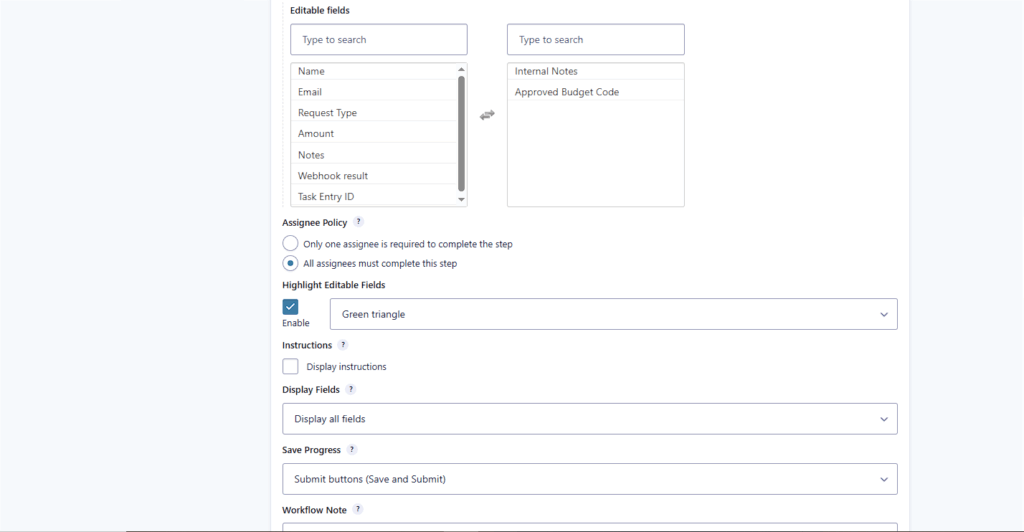 User Input step settings showing Editable Fields and Display Fields