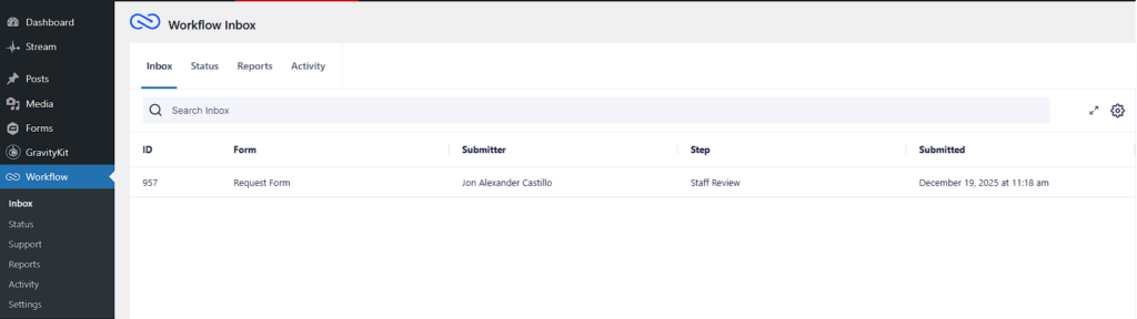 Workflow Inbox showing an assigned entry on the Staff Review step