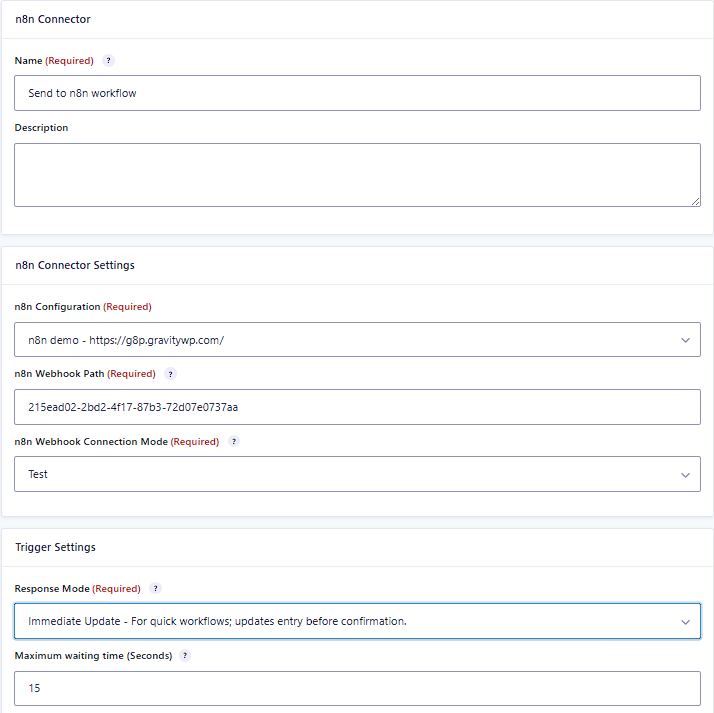Gravity Forms n8n Connector feed settings used to replace Zapier with n8n for a specific Gravity Forms workflow.