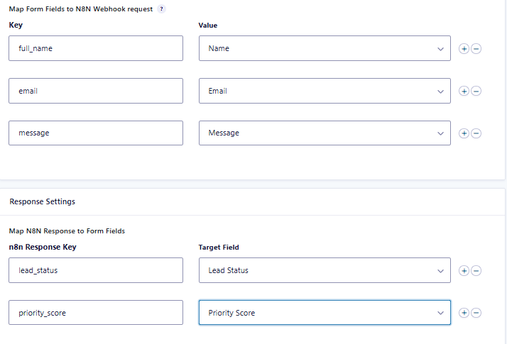 n8n Connector request and response mapping screen linking Gravity Forms fields to JSON keys and n8n response values.