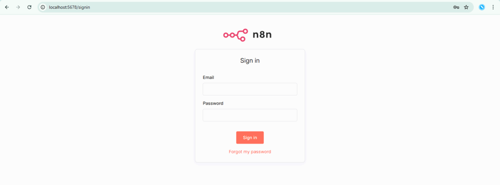 Local n8n sign-in page running at localhost port 5678 before starting the Cloudflare Quick Tunnel