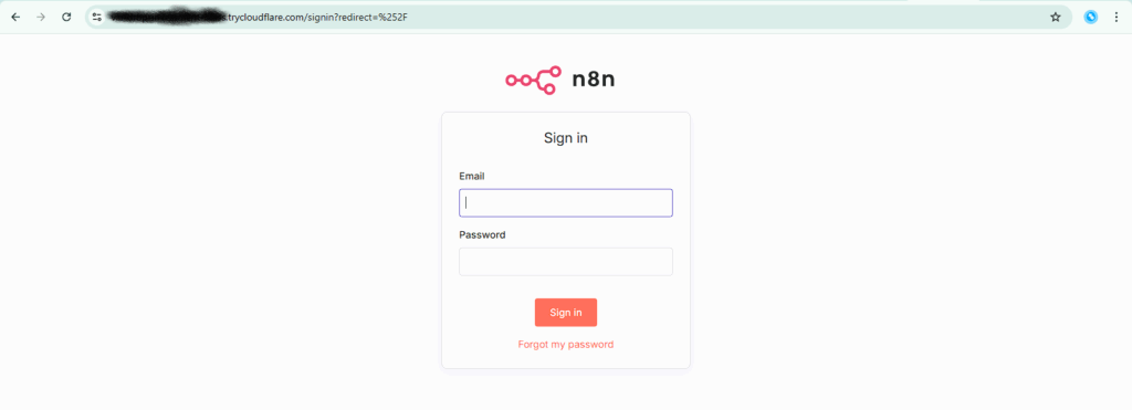 n8n sign-in page accessed through a temporary TryCloudflare HTTPS URL created with Cloudflare Quick Tunnel